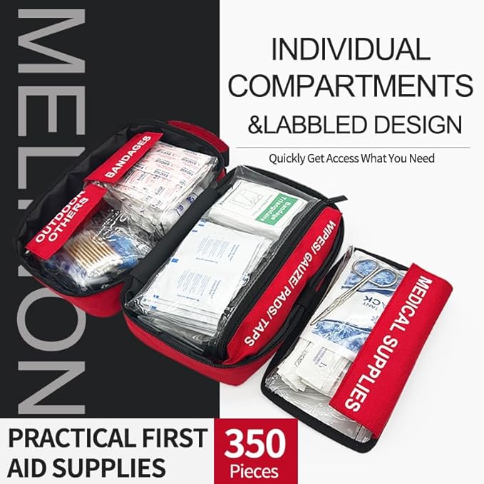 350 Piece Premium First Aid Kit - Large Emergency Medical Kit for Home, Car, Office, Camping, Hiking & Travel - Comprehensive First Aid Bag with Guide (Red)