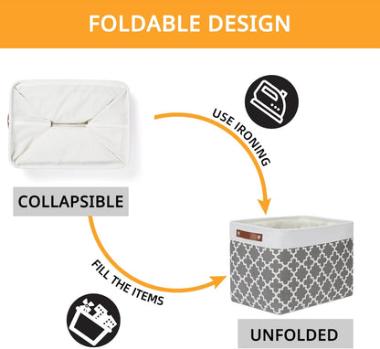 DULLEMELO Foldable Nursery Storage Baskets Canvas Storage Bins for Organizing 2 Pack Collapsible Home Organizer With Leather Handles (White&Lattice Grey)