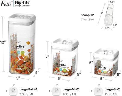 Felli Flip Tite Food Storage Container 5" LARGE 5pk Set + No Residue Label, Airtight Lid Easy Lock Top Stackable, Plastic Canister Jar for Pantry Kitchen Fridge Organizer Pasta Protein Powder Spice
