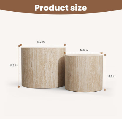 Round Nesting Coffee Table Set of 2 Modern Wood Coffee Tables Handcraft Drum Coffees Table Farmhouse Round Sofa Side Tables End Table for Living Room Small Spaces, No Assembling (Travertine)