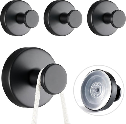 4 PCS Suction Cup Hooks for Shower, Stainless Steel No Drill Towel Hooks, Reusable Sticky Silicone Base for Bathroom Wall, Glass, Mirror, Tile to Hang Loofahs, Robes (Matt Black)