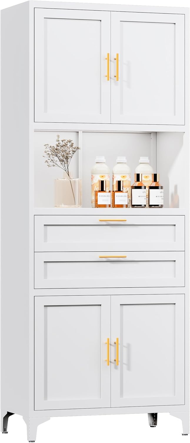 75” Tall Kitchen Pantry Storage Cabinet, Metal Bathroom Storage Cabinet with 2 Drawers and Adjustable Shelves, Kitchen Pantry Cupboard, Freestanding Cupboard for Bathroom, Living Room (White)