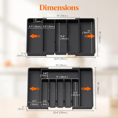 Lifewit Silverware Drawer Organizer and Utensil Organizer Set, Expandable Cooking Cutlery Tray for Kitchen, Adjustable Plastic Flatware Holder Storage Divider for Spoons Forks Knives, Large, Black