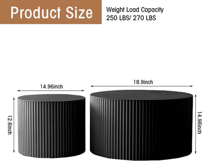 Round Coffee Table Set of 2, Nesting Coffee Table and End Table Set Small Circle Drum Side Table for Living Room Office, No Assembly (A Black Small)