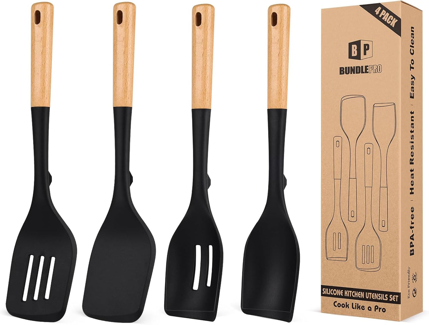 Pack of 4 Silicone Kitchen Utensils Set, Non Stick Solid Spatulas and Heat Resistant Slotted Spoons with Wooden Handle, Ideal BPA Free Cooking Utensils for Mixing,Serving,Turning,Stirring(BLACK)