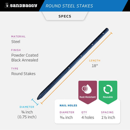 Sandbaggy Round Steel Concrete Form Stakes with Nail Holes - Rust Resistant Coating - Removable, Reusable (10, 3/4 in X 18 in)