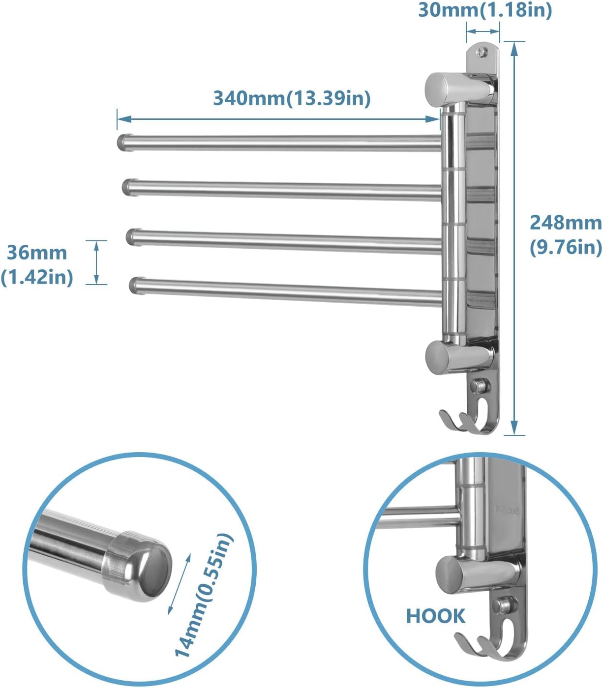 Bathroom Towel Rack JSVER 4 Arms Swivel Towel Holder, Towel Bar Wall Mounted, SUS304 Stainless Steel Space Saving Towel Rack, Towel Racks for Bathroom, Kitchen