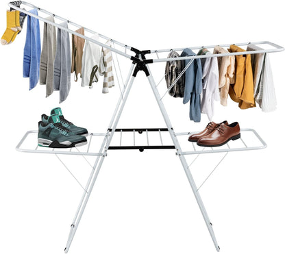 COSTWAY Clothes Drying Rack, Foldable 2-Level Laundry Drying Rack w/Height-Adjustable Wings, 33 Drying Rails & Sock Clips, Standing Large Drying Rack for Clothing, Indoor Outdoor Use