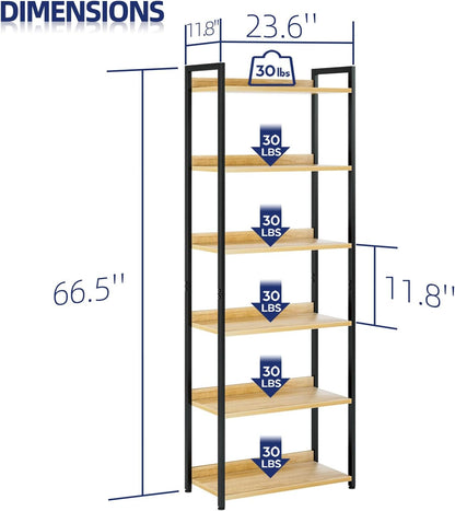 NUMENN Bookshelf, 6 Tier Bookshelves, Home Office Bookcase Shelf Storage Organizer, Free Standing Storage Shelving Unit for Bedroom, Living Room and Home Office, Natural