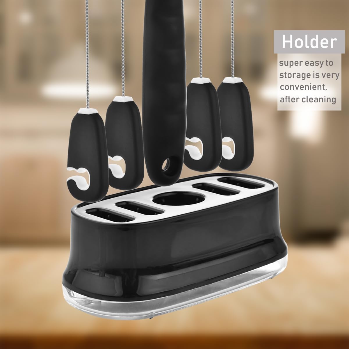 ALINK 5 Pack Water Bottle Brush Cleaning Set with Holder, Bottle Cleaner with Stand, Straw Nipple Lid Brush for Stanley 40OZ/30OZ Tumblers, Drinking Glass, Baby Bottles, Jugs - Black