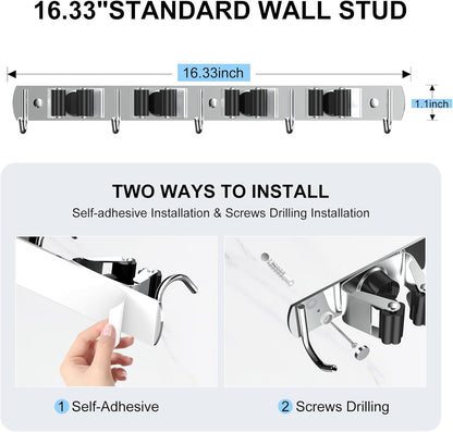 nacena Broom holder Wall Mount, 2-Pack Stainless Steel Self-Adhesive Mop and Broom Hooks Heavy Duty Broom and Mop Storage Rack laundry room organization Garage Organizer for Kitchen Garden garage