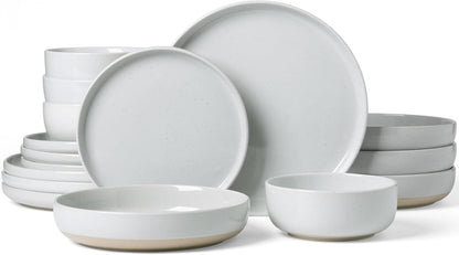 Famiware Milkyway Stoneware Dinnerware Sets with Pasta Bowls, Service for 4 (16 Pieces), Plates and Bowls Sets -Scratch Resistant, Microwave and Dishwasher Safe Dishes Set, Light Gray