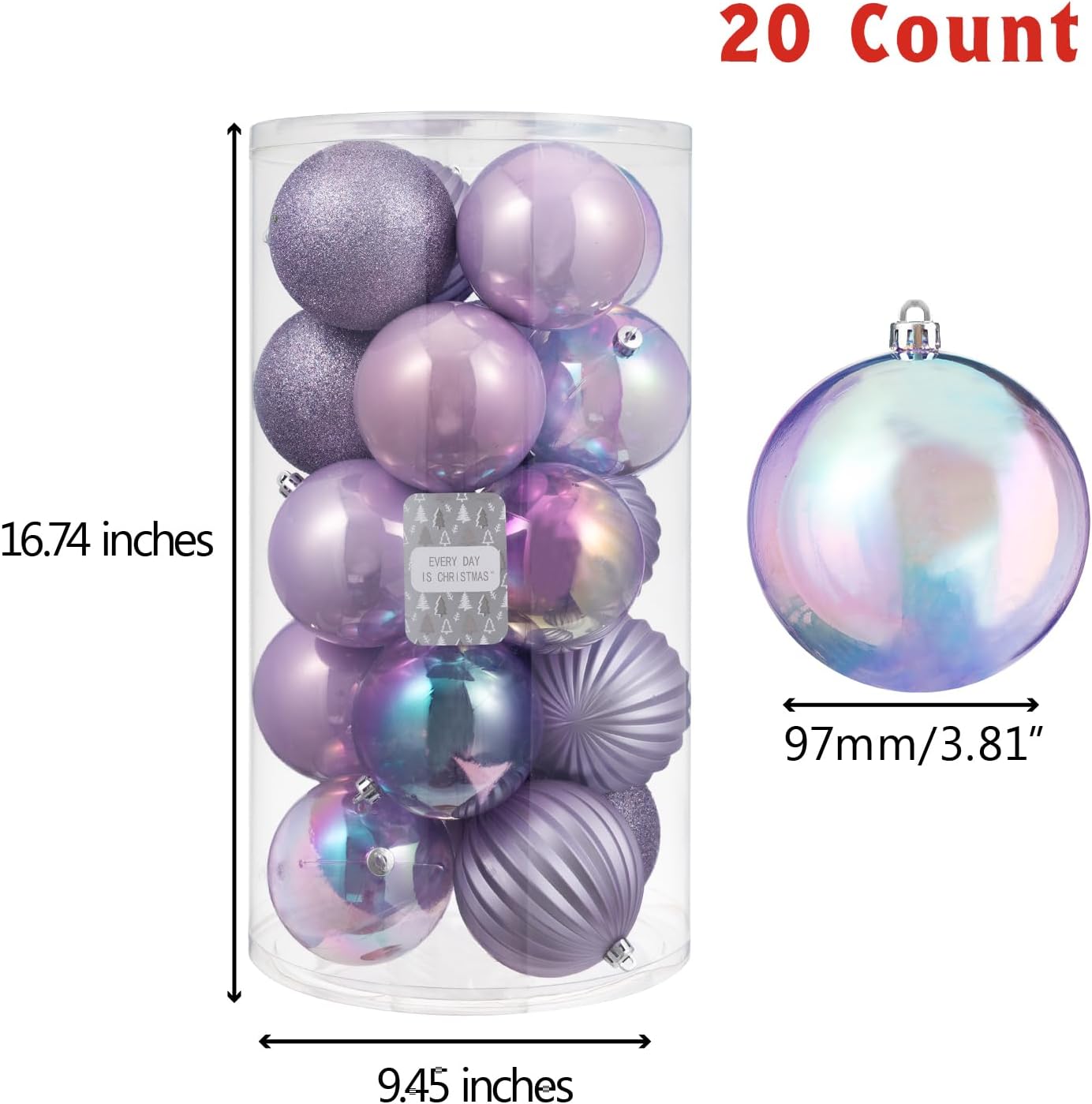 Every Day is Christmas 20ct Christmas Ornaments, Shatterproof Christmas Tree Ornaments Set, 92cm/3.6" Christmas Balls Decoration