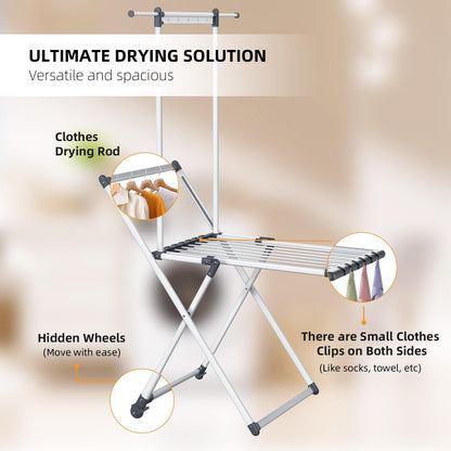 Clothes Drying Rack, Foldable Laundry Rack for Indoor Outdoor, 10pcs Sock Clips, Collapsible Space-Saving Drying Rack for Clothes Towels Dolls (Gray-Hanger)