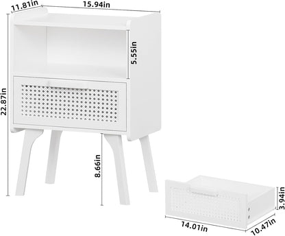 Lerliuo Rattan Nightstand, Side Table with Drawer Open Shelf, Cane Accent Bedside End Table with Solid Wood Legs, Mid Century Modern Night Stand for Bedroom, Dorm and Small Spaces (White)