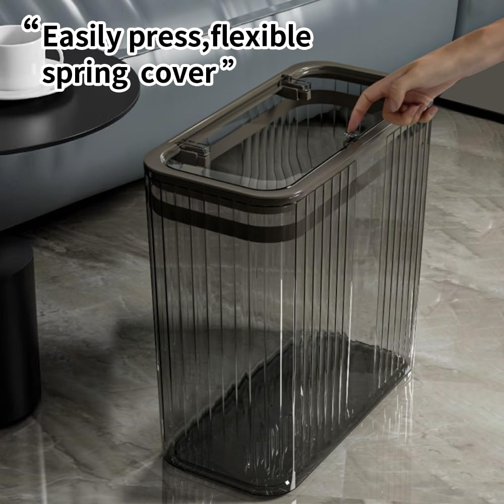 Transparent Trash Can, Bathroom Trash Cans with Lids, 3.5 Gallon Garbage Can for Bedroom, Office, Plastic Slim Waste Basket with Press Top Lid, 15L Clear Trash Bin for Home, Kitchen (Gray)