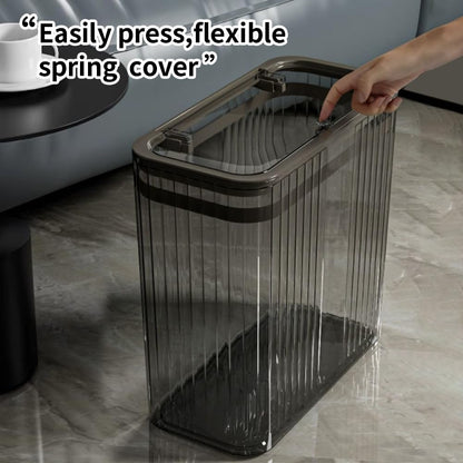 Transparent Trash Can, Bathroom Trash Cans with Lids, 3.5 Gallon Garbage Can for Bedroom, Office, Plastic Slim Waste Basket with Press Top Lid, 15L Clear Trash Bin for Home, Kitchen (Gray)