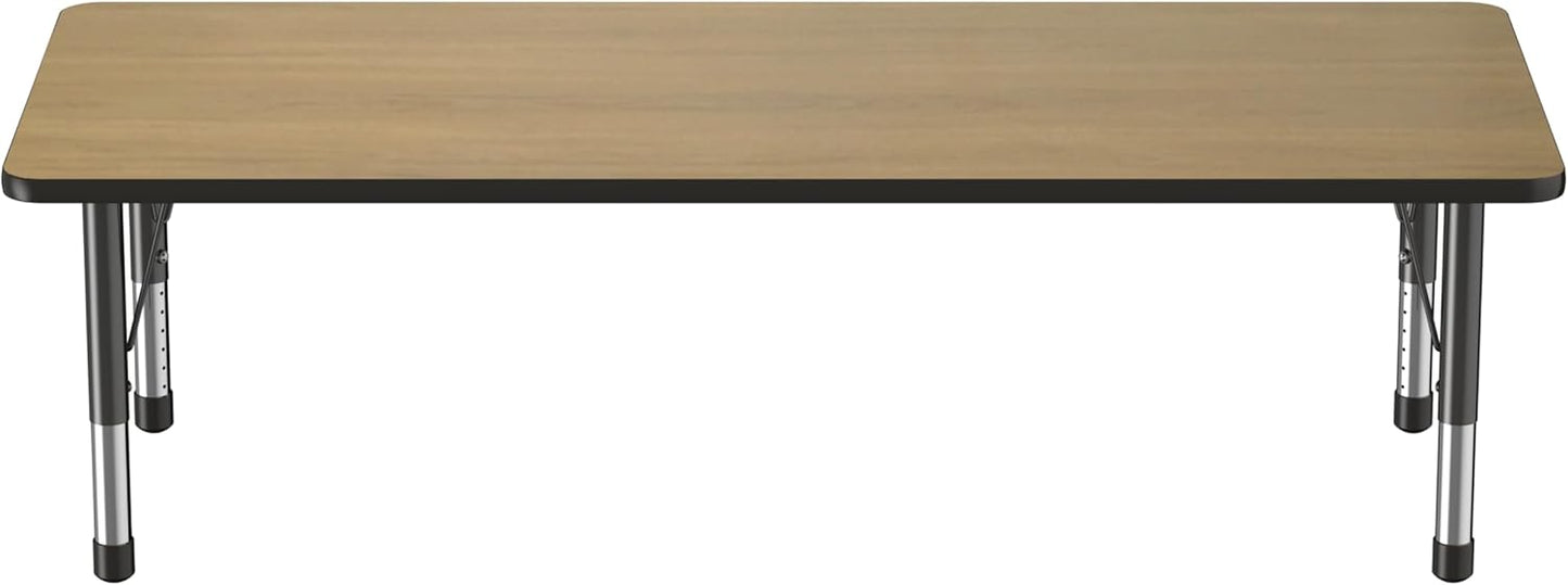 Factory Direct Partners FDP Rectangle (30 x 72 inch) Classroom Table with Adjustable Chunky Toddler Legs (15-24 in); Preschool, Kinder and Daycare Furniture - Pasadena Oak Top/Black Edge and Legs