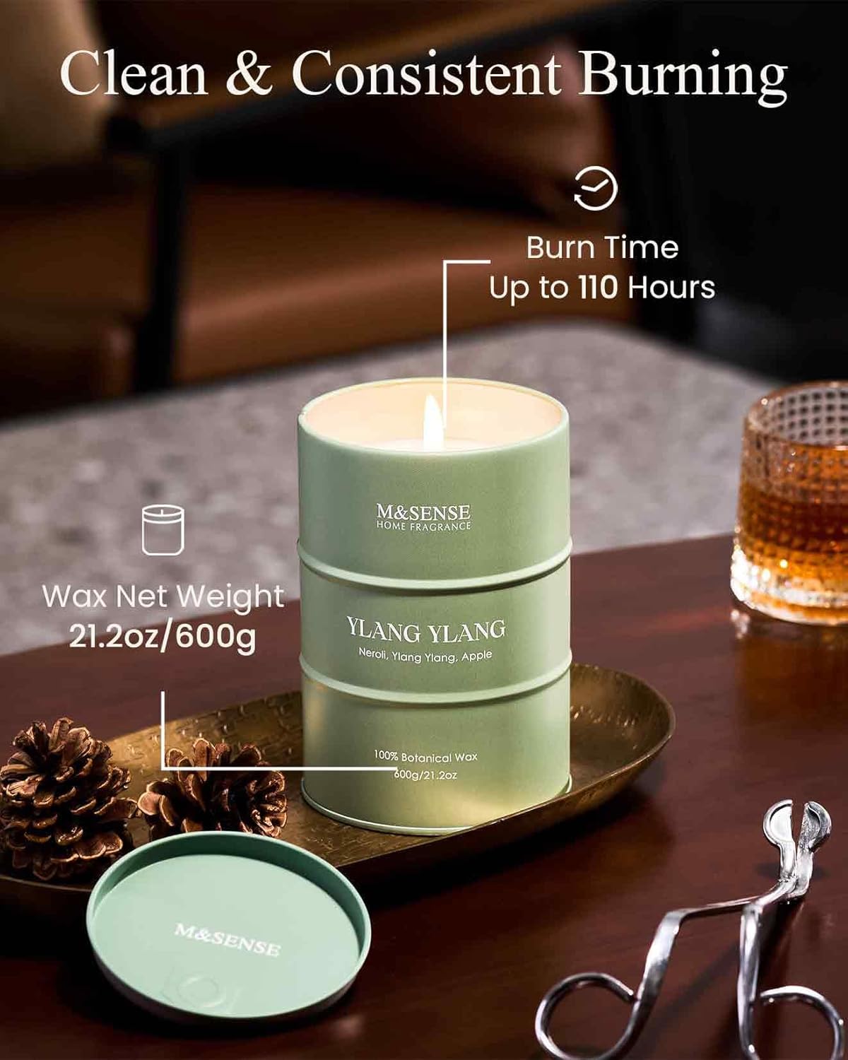 M&SENSE Ylang Ylang Scented Candles Large, Natural Soy Candles 21.2oz 120 Hour Slow Burning,Aromatherapy Candle for Stress Relief Meditation Relaxing