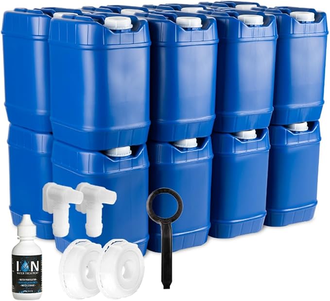 5-Gallon Stackable Water Storage Containers with Lids, Emergency Water Storage Kit Including Spigots, Wrench, and Water Preserver, 80 Gallons