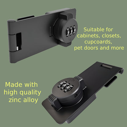 Keyless Combination Lock 3-Digit Combination Lock for Doors Twist Knob Hasp Latch Lock with Password Code Zinc Alloy Door Latch for Kitchen Drawers, Cabinets, Cupboard (Black)