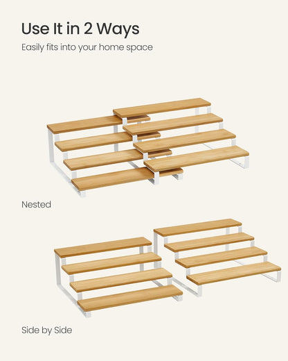 SONGMICS Display Risers, Set of 2 Engineered Wood Perfume Organizer Stand, 4-Tier Cupcake Stand Holder, Spice Rack, Shelf Risers for Figures, Dessert Shelves, Natural Beige and Cloud White UKCS216N02