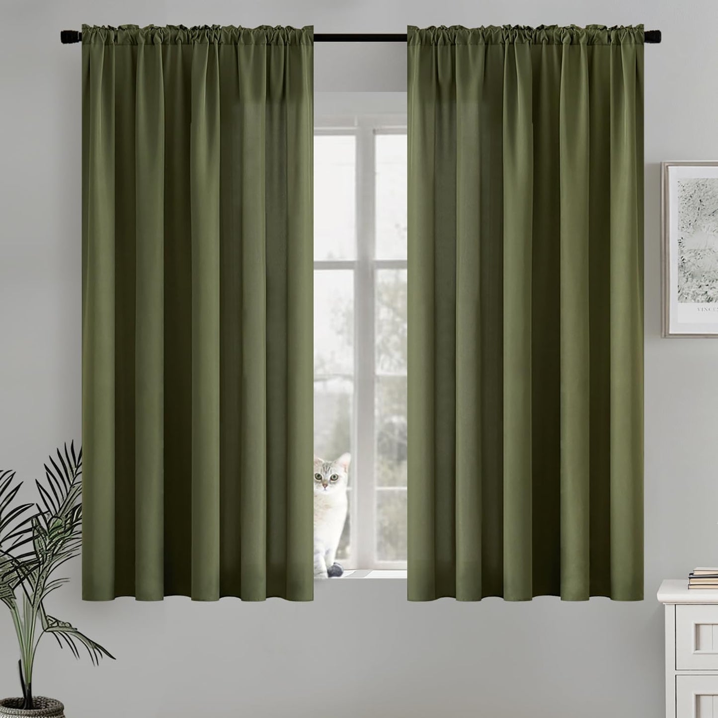 MIULEE Olive Green Privacy Sheer Curtains That Let Light in 63 Inches Long Non-See-Through Semi Sheer Curtain Light Filtering Window Curtains Drapes for Living Room Bedroom 2 Panels Set 42 X 63