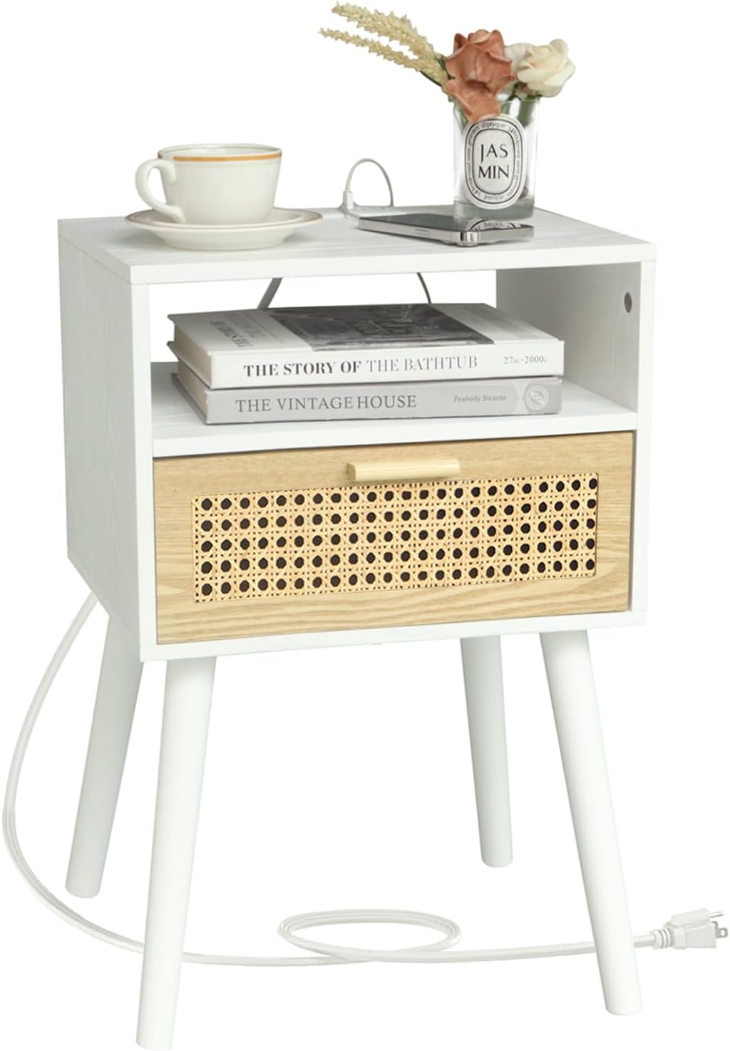 MaxSmeo Nightstand with Charging Station, Bedside Tables with Rattan Drawer, Mid Century Modern Nightstand, End Table for Living Room, Bedroom and Small Spaces, Easy Assembly (White)