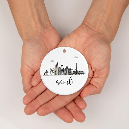 Andaz Press Round Ceramic Porcelain Christmas Tree Ornament Keepsake Gift, Seoul, Colorful International City Skyline Graphic, 1-Pack, Birthday Ideas Family Coworker Him Her, Gift Box