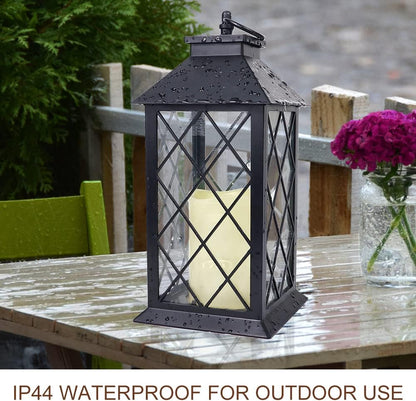 Bright Zeal 13.5" Black Vintage Candle Lantern with LED Pillar Candle and Timer - IP44 Waterproof Porch Light - Tabletop Lantern Decorative Outdoor