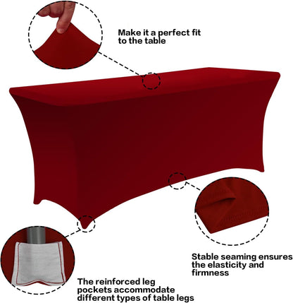 IVAPUPU 2 Pack 6FT Table Cloth for Rectangular Fitted Events Stretch Burgundy Table Covers Washable Spandex Tablecloth Protector for Party, Wedding, Cocktail, Banquet, Festival