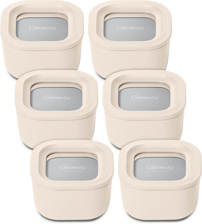 Caraway 6pc Food Storage Container Set - 1.75 Cup Glass Storage Container for Food (6) - Non-Toxic Ceramic-Coated Glass - Air Release Technology - Compact & Stackable Design - Cream