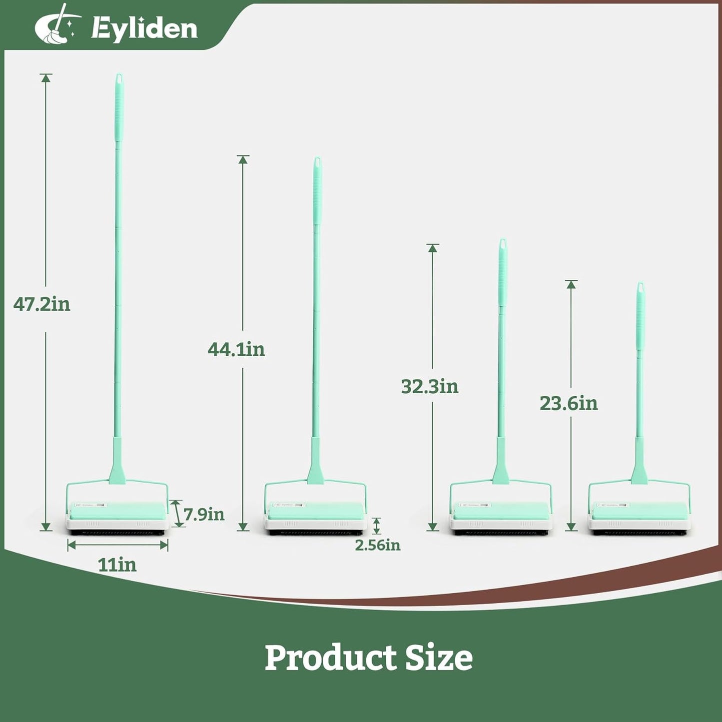 Eyliden X-Large Carpet Sweeper - Quiet Manual Sweeper for Carpets & Rugs | 1 Extra Refill Roller Brush | Non-Electric, Hand Push, Quietly Cleans Debris and Messes, Restaurant Roller Broom (Mint)