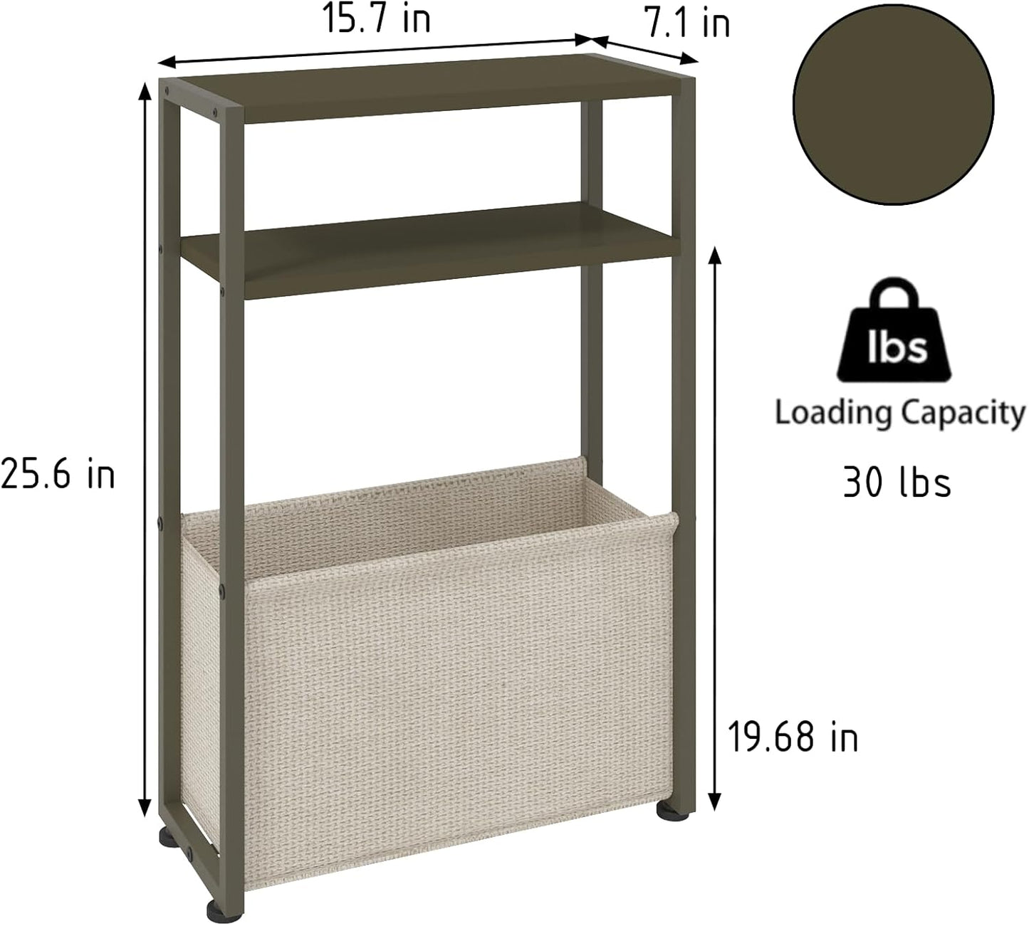 Narrow Side Table, Slim End Tables with Fabric Basket, Skinny Table for Small Spaces, Thin Bedside Table for Living Room, Bedroom (1, Forest Green + Camel Brown)
