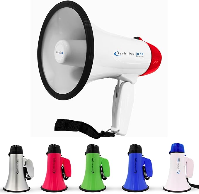 Technical Pro 20 Watts Lightweight Portable 300M Range Megaphone Bullhorn with Strap, Siren, and Volume Control, Good for Trainers, Soccer, Football, Baseball, Coaches
