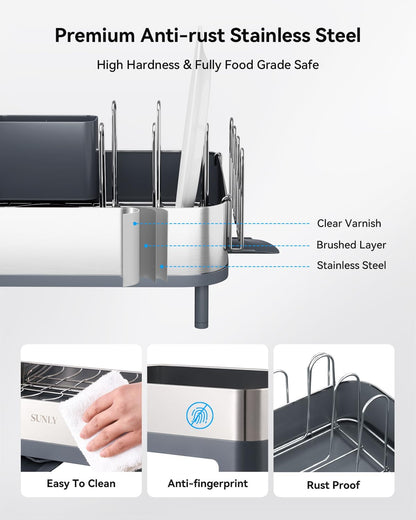 SUNLY Expandable Dish Drying Rack, Versatile Brackets for Pots & Pans, Space Saving Kitchen Drying Rack, Dish Racks for Kitchen Counter, Stainless Steel Dish Drainers with Extendable Spout, Gray