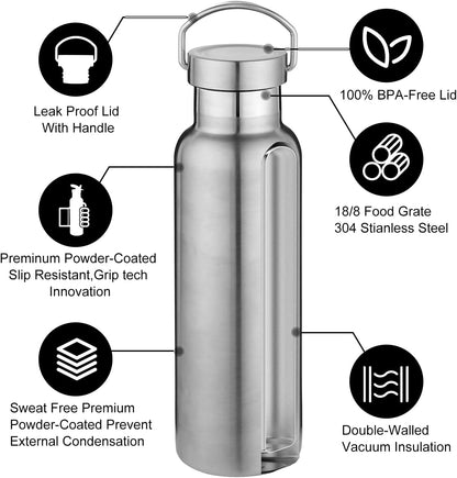 Neihepal 20 oz Insulated Water Bottles Bulk 8 Pack,Stainless Steel Double Wall Sport Bottle with Lid of Handle,Metal Reusable Thermoses Flask with Cup Cap for School,Hikers,Gift (Silver,Set of 8)