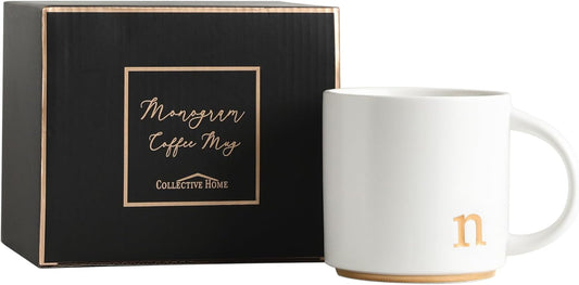 COLLECTIVE HOME - Monogram Ceramic Mugs, 15 oz Golden Initial Coffee Cups, Elegant Alphabet Tea Mugs, Elegant Personalized Mug with Gift Box, Luxurious Cups for Office and Home (n)