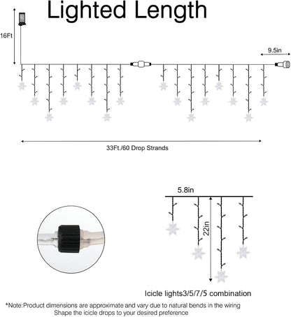 Brightown Christmas Icicle Lights Outdoor, 33 Feet 60 Drops with 300 LED, Twinkle Fairy String Lights 8 Modes Waterproof Connectable for Christmas Decorations (Pure White)
