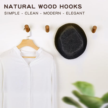 Wood Wall Hooks, 4 Pack Coat Hooks Wall Mounted, Rustic Wooden Heavy Duty Robe Hook Hat Rack, Hooks for Hanging Bathroom Towels Clothes Hanger (Walnut Wood)