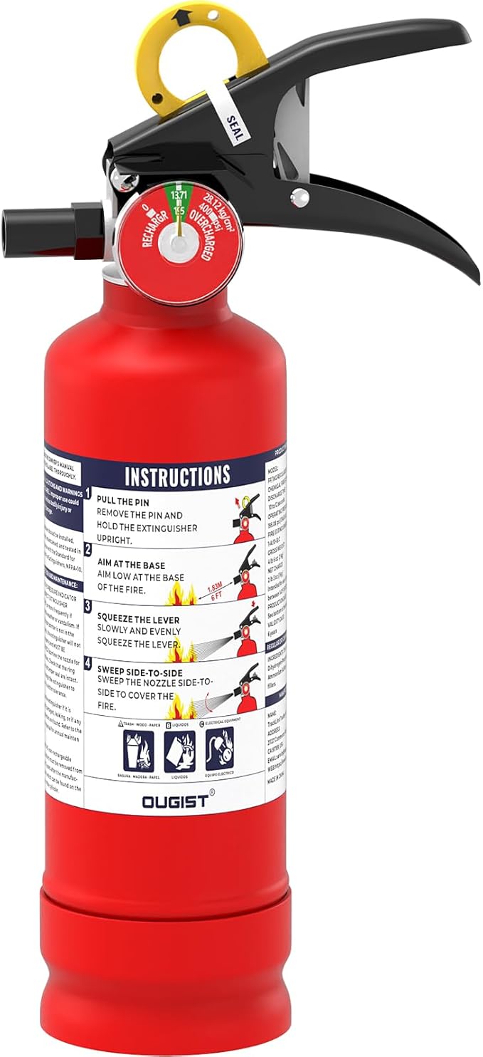 Ougist ABC Fire Extinguisher for Home & Vehicle - 2.5 lb 1-A:10-B:C Rated, Dry Chemical Fire Safety with Quick-Release Handle, Certified for Kitchen/Car/Boat Use-Model FF1KG