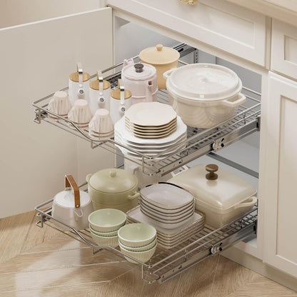 OCG 2 Tier Pull Out Cabinet Organizer (22.5" W x 21.5" D), Pull Out Drawers for Kitchen Cabinets, Pull Out Shelves for Base Cabinet Organization in Kitchen Bathroom Pantry, Chrome Finish