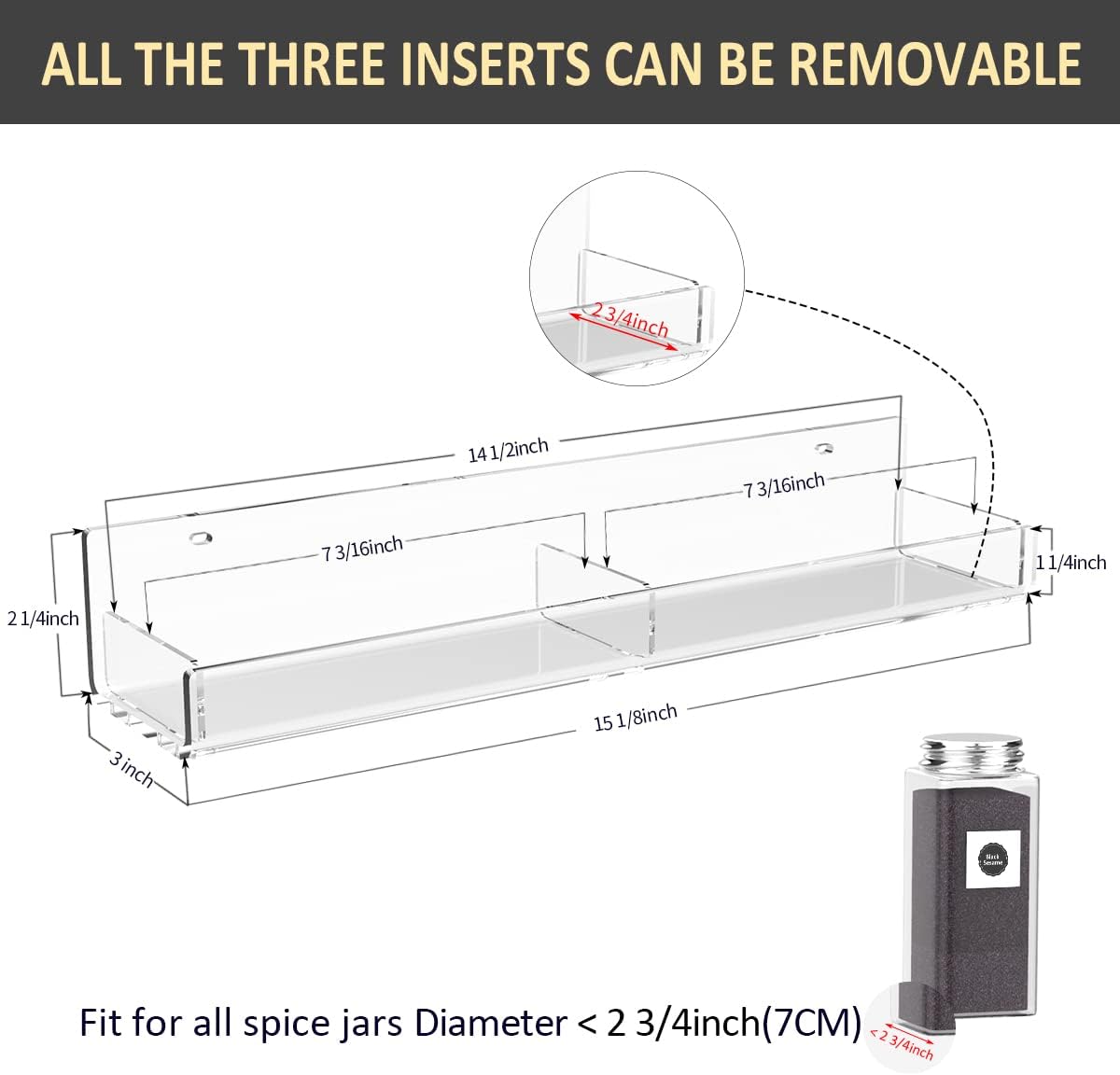 Acrylic Wall Spice Rack Organizer, Seasoning Rack Shelf Organizer, Clear Wall Mounted Spice Rack Condiment Organizer with Additional Removable Middle Divider, 4 Pack…