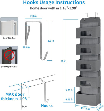 5-Shelf Over The Door Hanging Organizer with 2 Metal Hooks，5 Pocket Over The Door Wall Mount Storage with Clear Windows for Baby Nursery Bathroom Closet,Bedroom,Dorm (Gray-2 Pack)