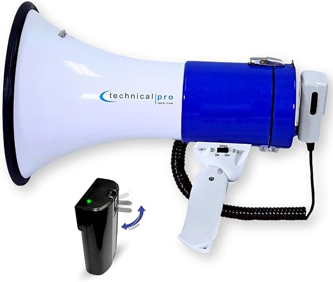 Technical Pro Rechargeable Portable 75-Watt Megaphone Bullhorn Speaker w/Siren & Detachable Microphone - Battery w/Battery a Built-in AC Wall Charger, Good for Trainers, Coaches, Cheer Leaders