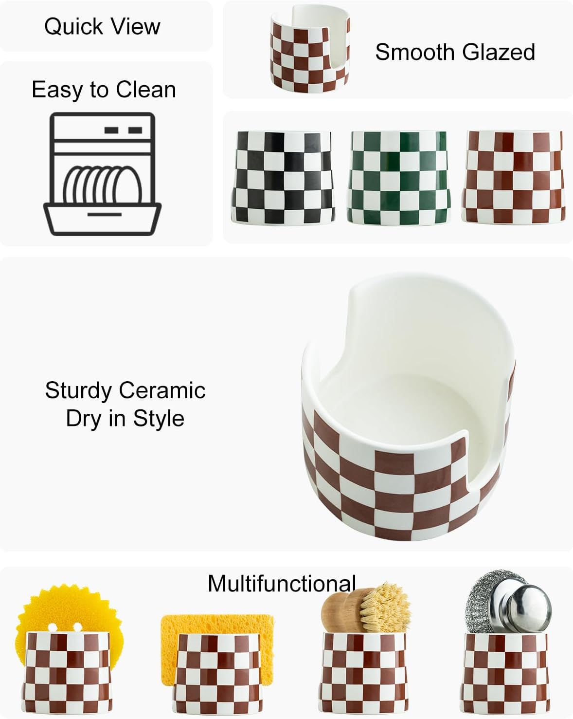 Checkered Sponge Holder for Kitchen Sink, Ceramic Dish Sponge Drying Caddy Scrubby Holder Kitchen Organizer Cute Dish Rack for Sink Counter, Brown and White