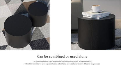 Nesting Coffee Table Set of 2, Round Side Tables Set, Wooden Accent Table, Modern End Tables, Minimalist Circle Table for Small Space Living Room Bedroom, Black