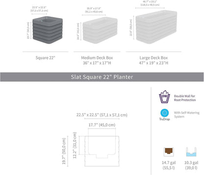 Crescent Garden TruDrop Self Watering Slat Square Box Planter - Indoor Outdoor Planter Box with Built-in Reservoir & Water Level Indicator, All Weather Flower Pot, 22''(Shadow)