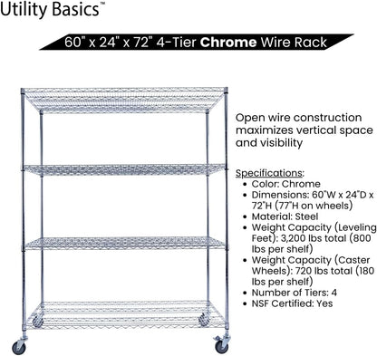 60"x24"x72" PREMIUM METAL STEEL 4-Tier Wire Shelving NSF 3200 LBS MAX Capacity Heavy Duty Storage Rack for Hospitals, Schools, Commercial Spaces, and Garages w/PREMIUM Wheels