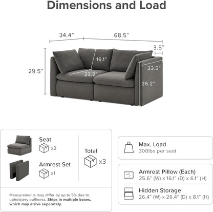 mopio Oversized Modular Sectional Sofa with Fully Removable Covers and Storage, Convertible U, L-Shaped and Sleeper Sectional, Modern Couches with Ottoman Chaise (Stone Gray Fabric, Loveseat)